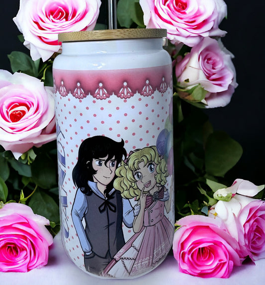 Candy Candy Anime, Candy Candy Manga. Glass cup can with Candy and Friends, Retro. Vaso de cristal de Candy Candy Anime y sus amigos.